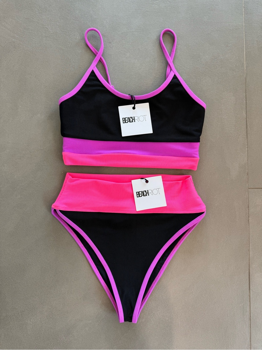 Beach Riot Black with Hot Pink & Magenta Ribbed Bikini Set